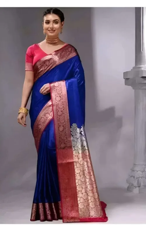 Royal Blue Banarasi Silk Saree with Rich Green Zari Border