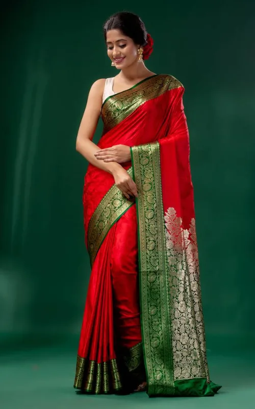 Red Banarasi Silk Saree with Rich Green Zari Border