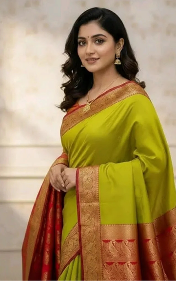 Elegant Green Silk Saree with Rich Gold Zari Border