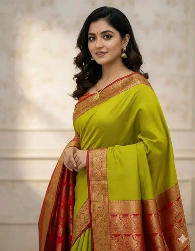 Elegant Green Silk Saree with Rich Gold Zari Border