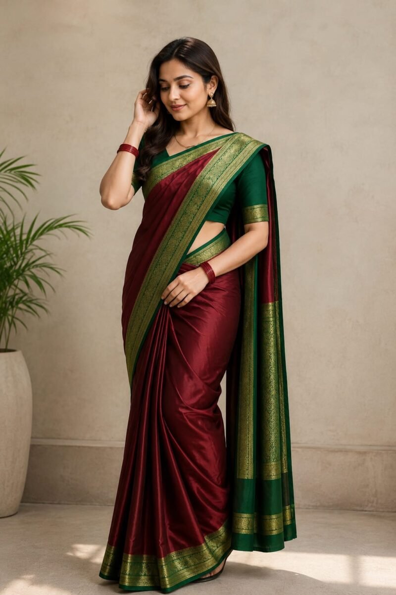 Premium Maroon Satin Silk Saree with Green Zari Border