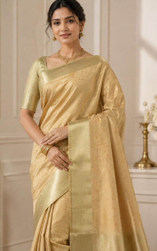 Women’s Golden Tissue Saree with Woven Design