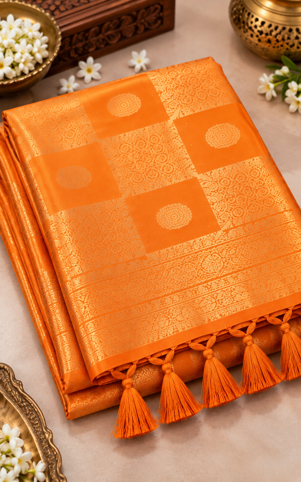 Orange Cotton Kundan Work Saree - Image 2