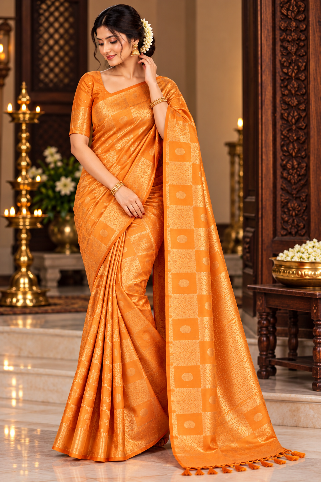 Orange Cotton Kundan Work Saree