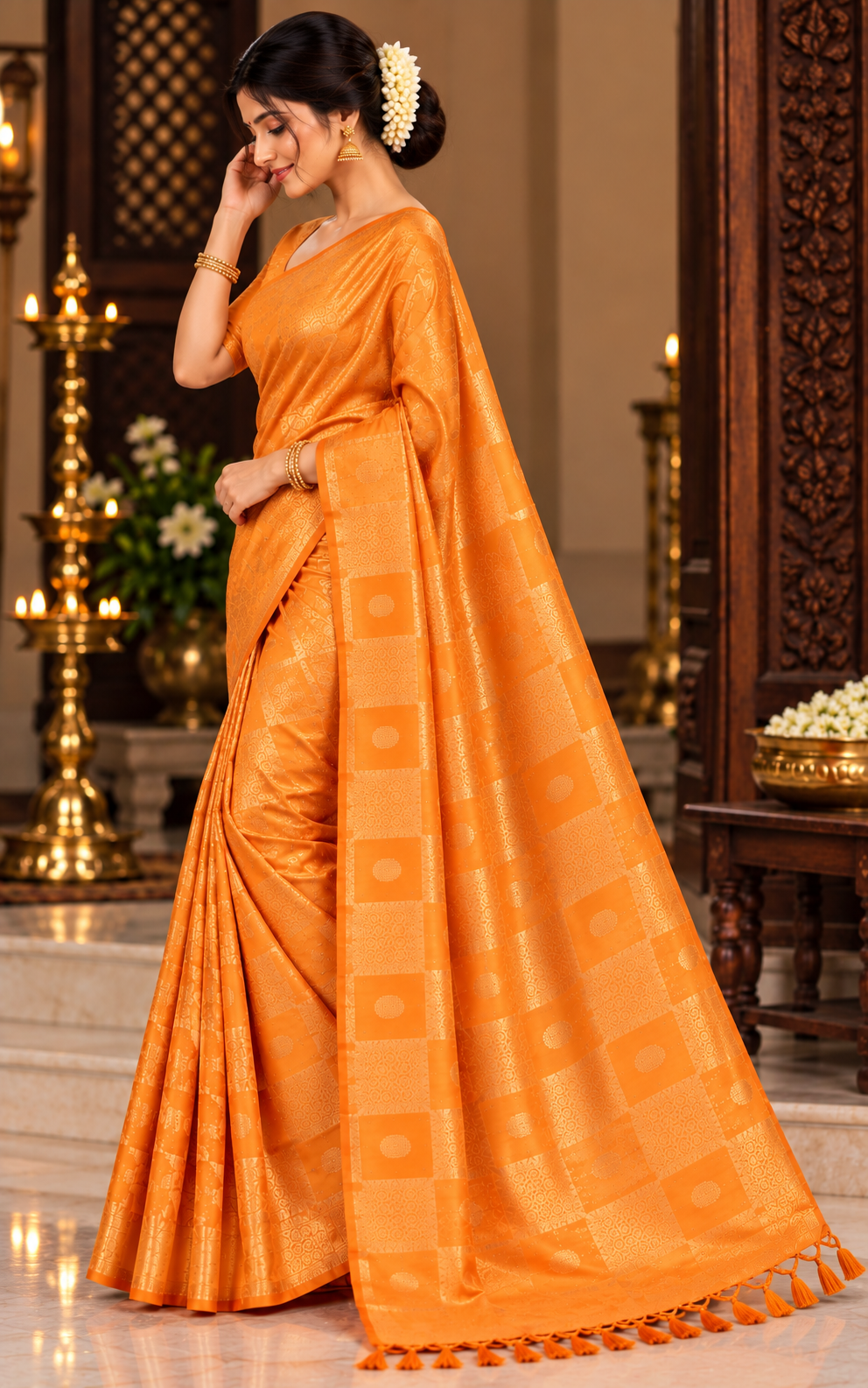 Orange Cotton Kundan Work Saree - Image 3