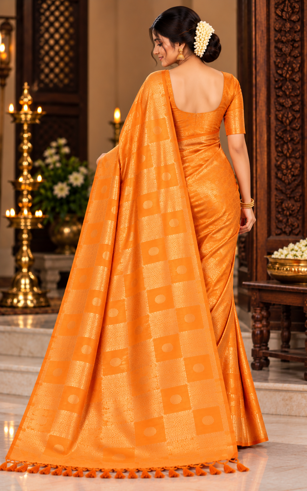 Orange Cotton Kundan Work Saree - Image 4