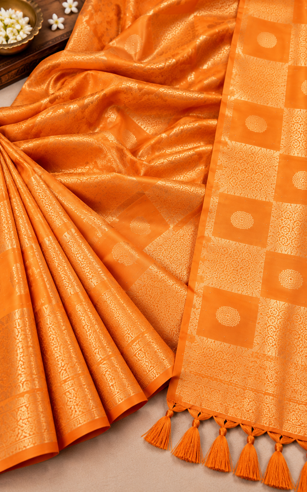 Orange Cotton Kundan Work Saree - Image 6