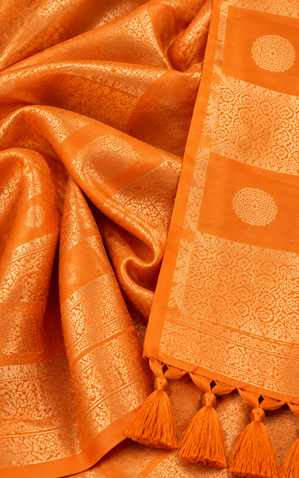 Orange Cotton Kundan Work Saree - Image 5