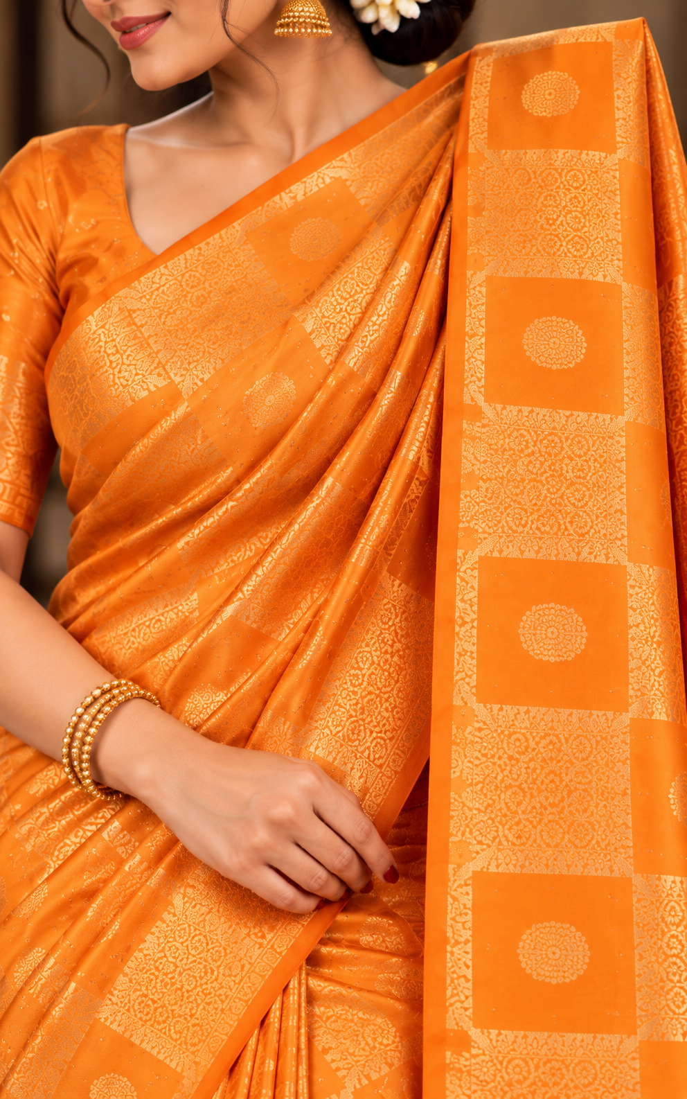 Orange Cotton Kundan Work Saree - Image 7